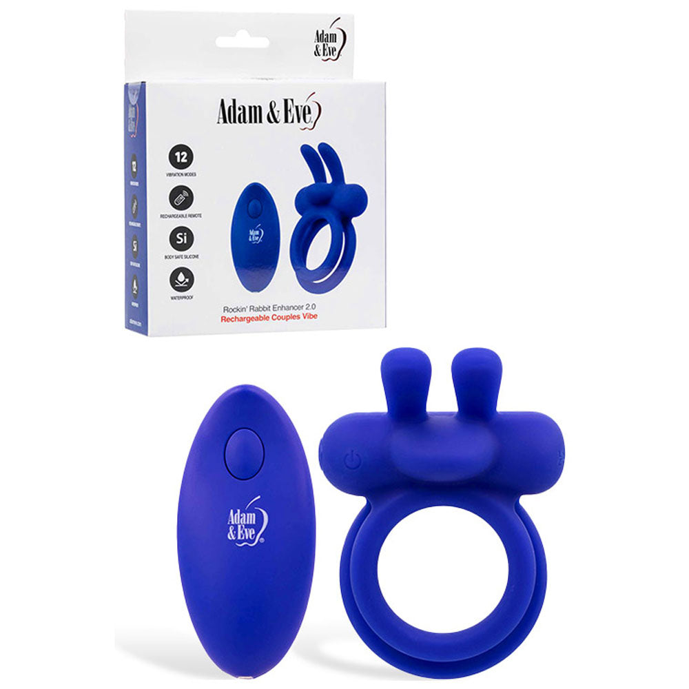 Adam & Eve ROCKIN RABBIT 2.0 - Blue USB Rechargeable Vibrating Cock Ring with Wireless Remote Adam & Eve
