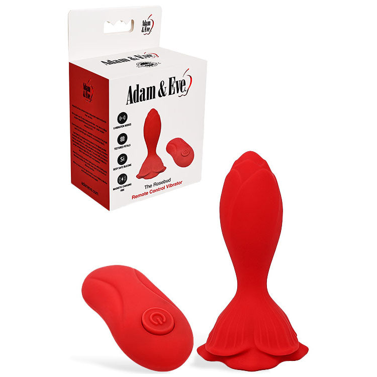 Adam & Eve THE ROSEBUD - Red 10.2 cm USB Rechargeable Vibrating Butt Plug with Remote Adam & Eve