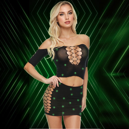 LAPDANCE Diamond Crop Top & Skirt Set - OS - Black with Glow in Dark Pattern - One Size XGEN Products
