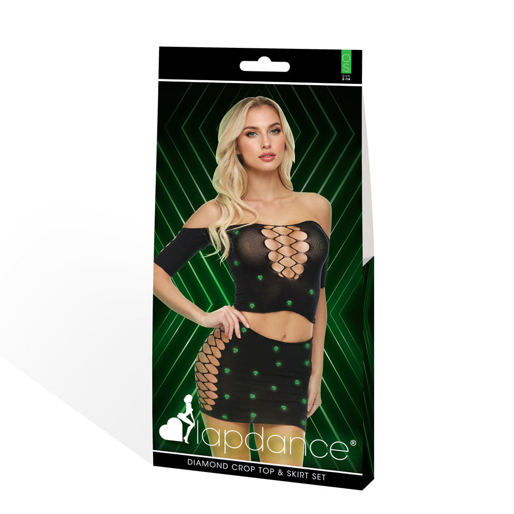 LAPDANCE Diamond Crop Top & Skirt Set - OS - Black with Glow in Dark Pattern - One Size XGEN Products