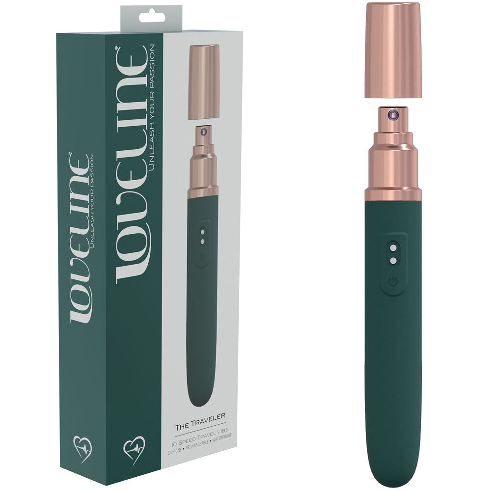 LOVELINE The Traveler - Green - Green 17.6 cm USB Rechargeable Vibrator with Lube Applicator Shots Toys