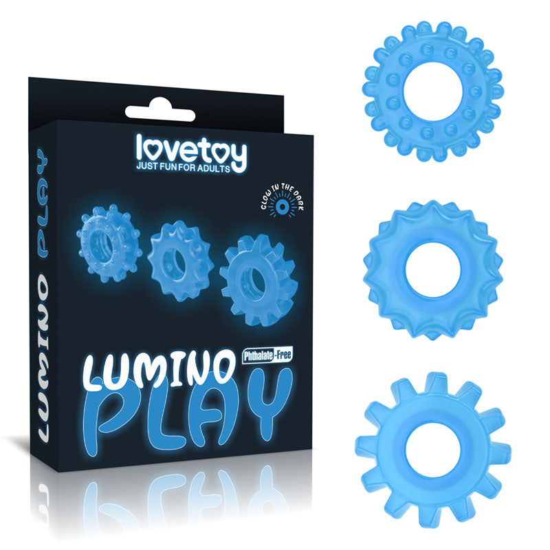 Lumino Play Penis Rings 3 Pack - Glow in the Dark Blue Cock Rings - Set of 3 Lovetoy