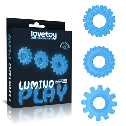 Lumino Play Penis Rings 3 Pack - Glow in the Dark Blue Cock Rings - Set of 3 Lovetoy