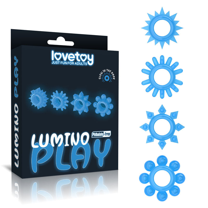 Lumino Play Penis Rings 4 Pack - Glow in the Dark Blue Cock Rings - Set of 4 Lovetoy