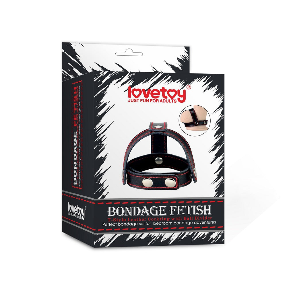 Bondage Fetish T-Style Leather Cock Ring with Ball Divider - Black Cock Ring