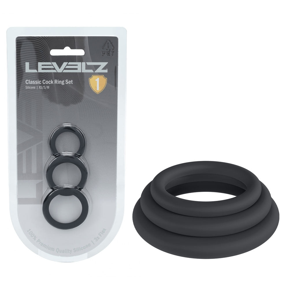 LEVELZ Classic Silicone Cock Ring Set - XS/S/M - Black Cock Rings - Set of 3 Sizes Shots Toys