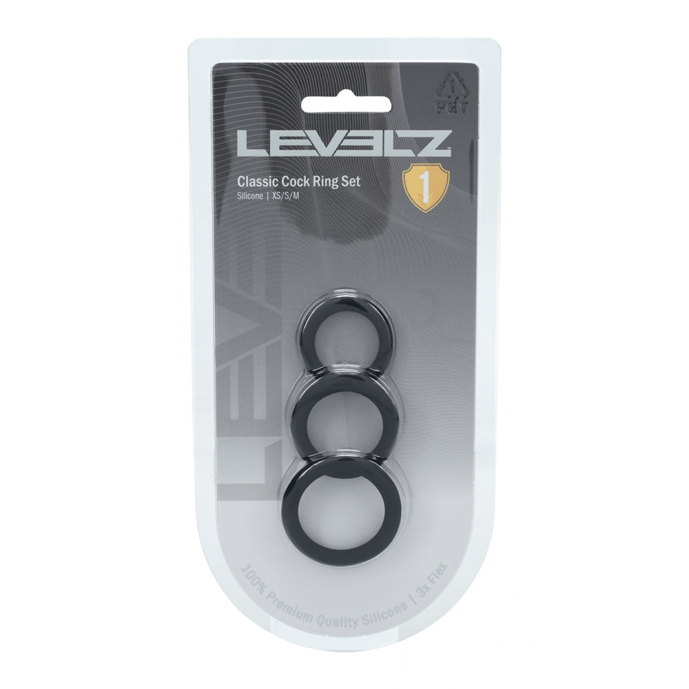 LEVELZ Classic Silicone Cock Ring Set - XS/S/M - Black Cock Rings - Set of 3 Sizes Shots Toys