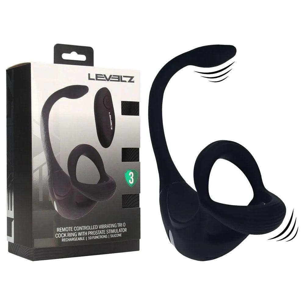 LEVELZ Remote Controlled Vibrating TriO Cock Ring with Prostate Stimulator - Black USB Rechargeable Vibrating Cock Ring with Anal Plug