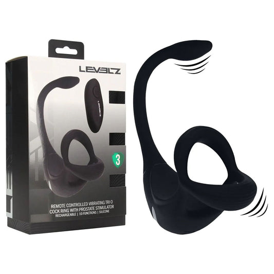 LEVELZ Remote Controlled Vibrating TriO Cock Ring with Prostate Stimulator - Black USB Rechargeable Vibrating Cock Ring with Anal Plug