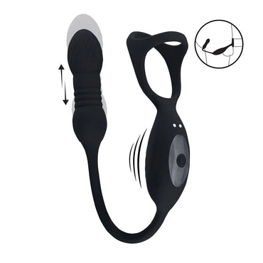 LEVELZ Vibrating & Thrusting TriO Cock Ring with Prostate Stimulator - Black USB Rechargeable Vibrating Cock Ring with Thrusting Prostate Plug