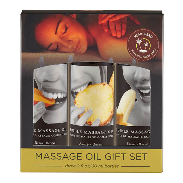 Edible Tropical Massage Oil Trio - Mango, Pineapple & Banana Flavoured - 3 x 59 ml Bottles Earthly Body