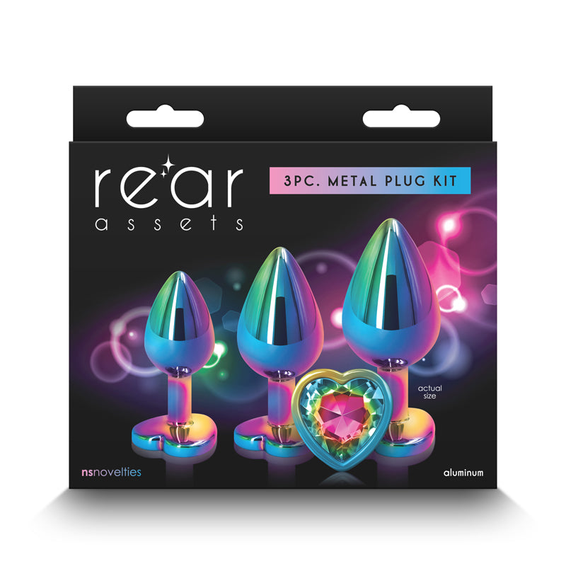 Rear Assets Trainer Kit - Multicolour - Rainbow Heart - Multi Coloured Metallic Butt Plugs with Rainbow Hearts - Set of 3 Sizes Coloured - Club X