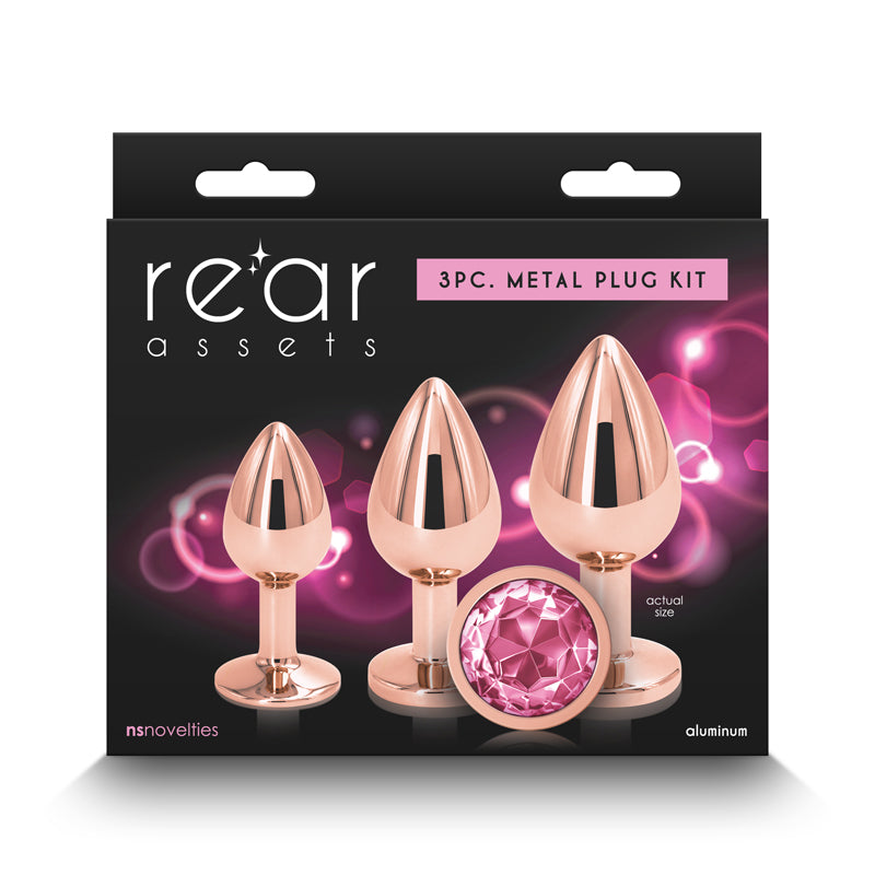 Rear Assets Trainer Kit - Rose Gold - Pink - Rose Gold Metallic Butt Plugs with Pink Gems - Set of 3 Sizes Rose Gold - Club X