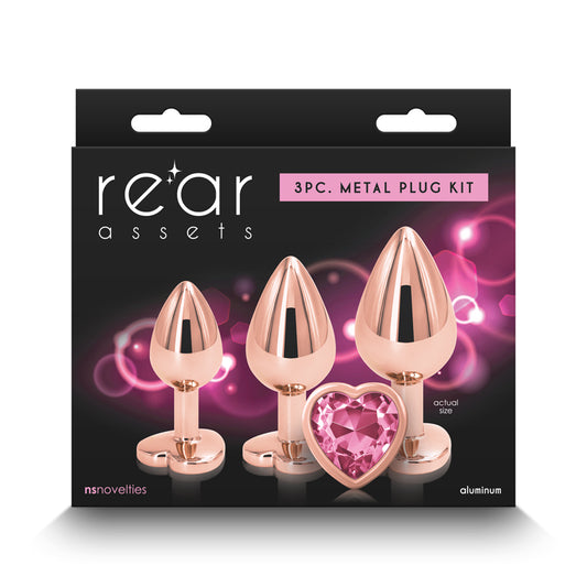 Rear Assets Trainer Kit - Rose Gold - Pink Heart - Rose Gold Metallic Butt Plugs with Pink Hearts - Set of 3 Sizes Rose Gold - Club X