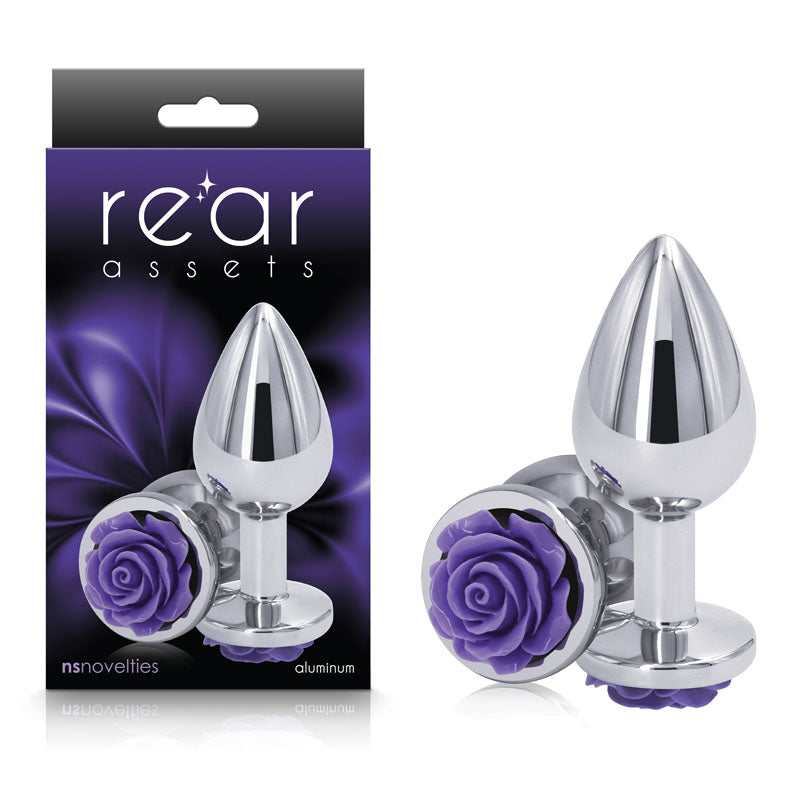 Rear Assets Rose - Medium - Chrome 8.9 cm Metal Butt Plug with Purple Rose Base NS Novelties