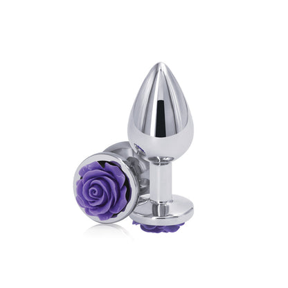 Rear Assets Rose - Medium - Chrome 8.9 cm Metal Butt Plug with Purple Rose Base NS Novelties