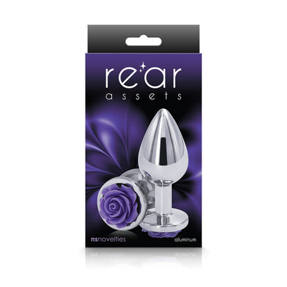 Rear Assets Rose - Medium - Chrome 8.9 cm Metal Butt Plug with Purple Rose Base NS Novelties