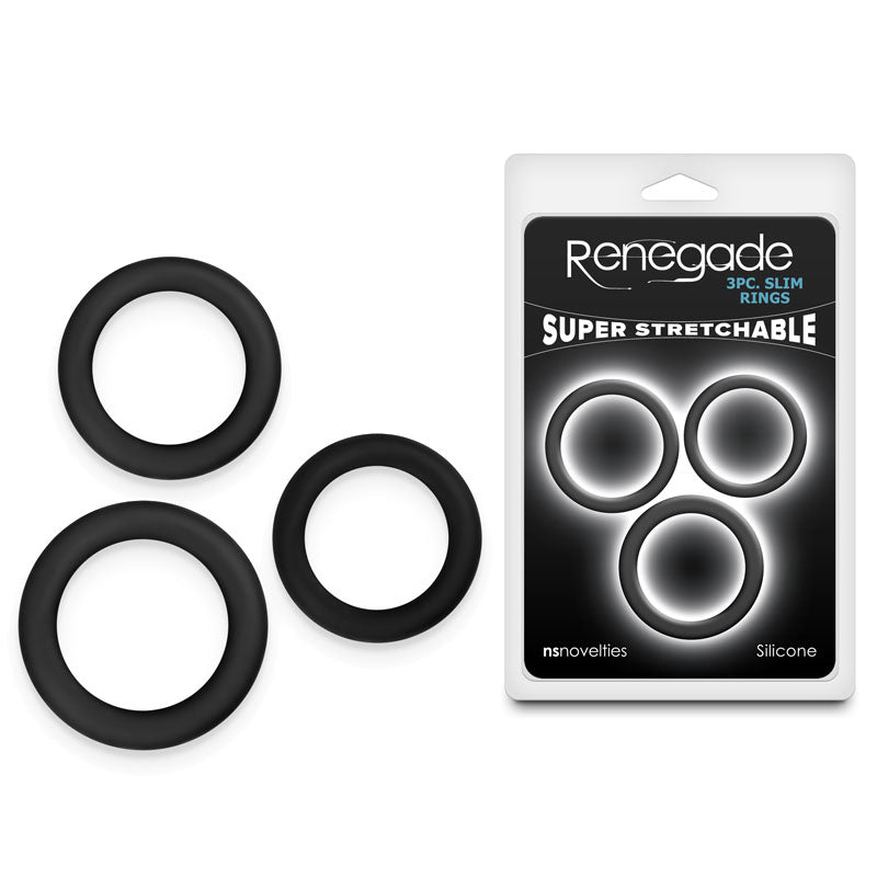 Renegade 3pc Slim Rings - Black - Black Cock Rings - Set of 3 Sizes NS Novelties