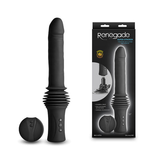 Renegade Super Stroker - Black - Black 36.8 cm USB Rechargeable Thrusting Vibrator with Remote Control & Stand Black - Club X