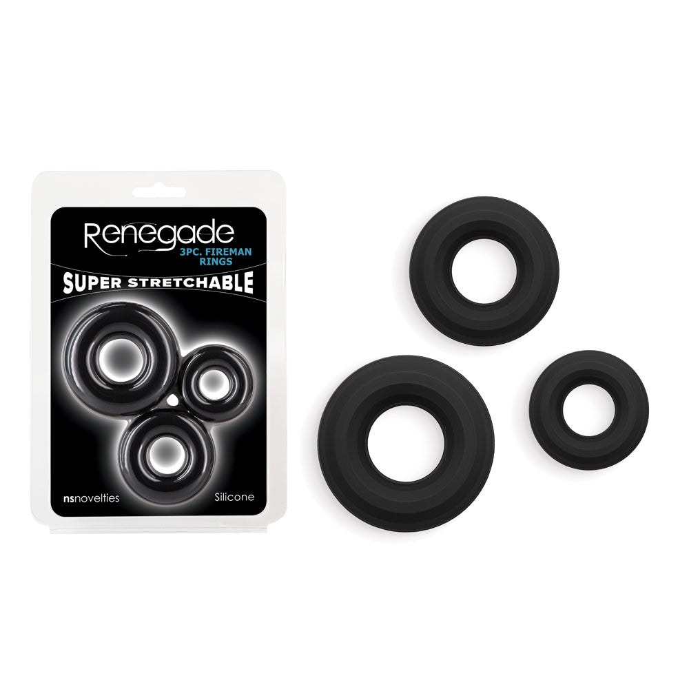 Renegade 3pc Fireman Rings - Black - Black Cock Rings - Set of 3 Sizes NS Novelties