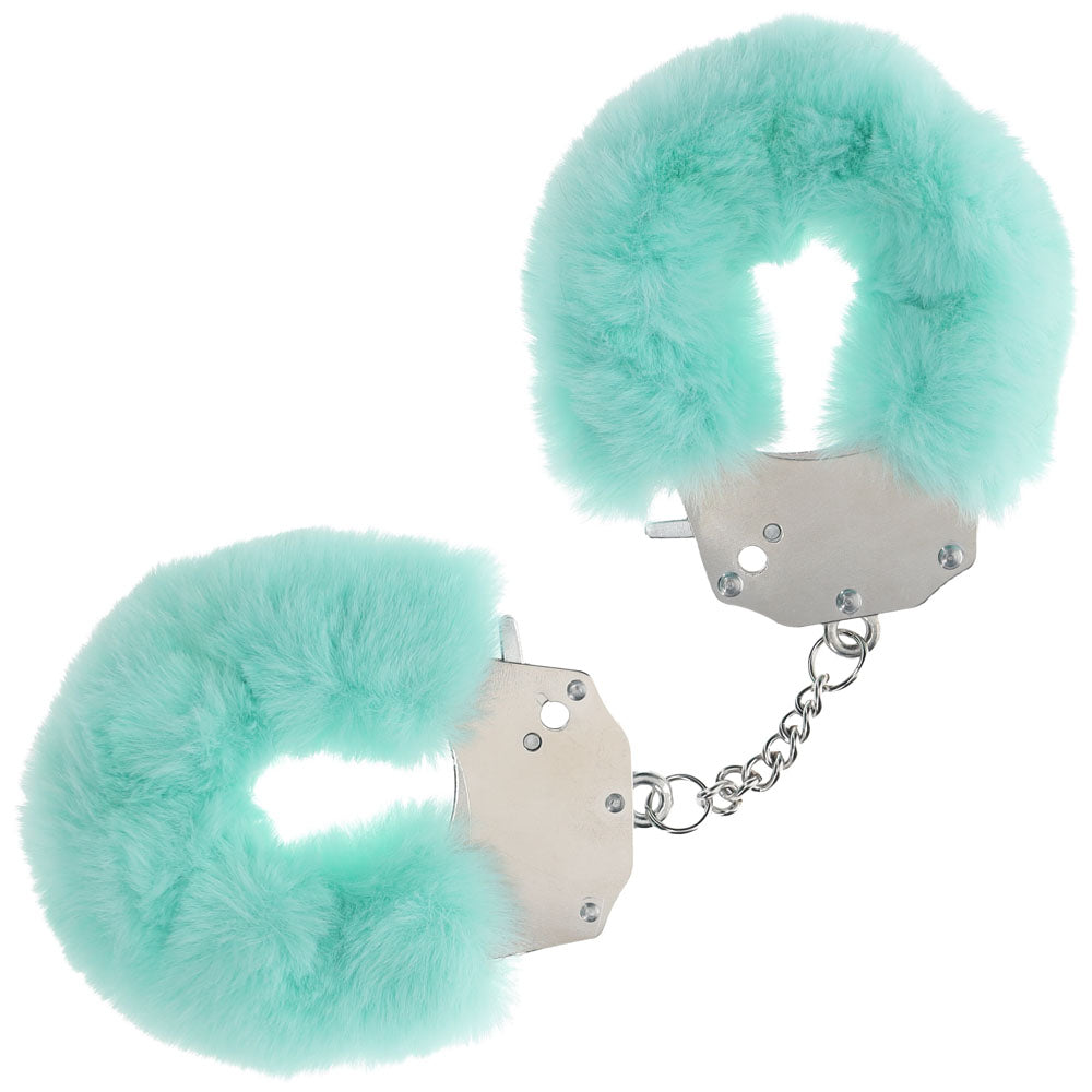 OUCH! Heavy-Duty Fluffy Cuffs - Powder Green - Powder Green Fluffy Restraints Shots Toys