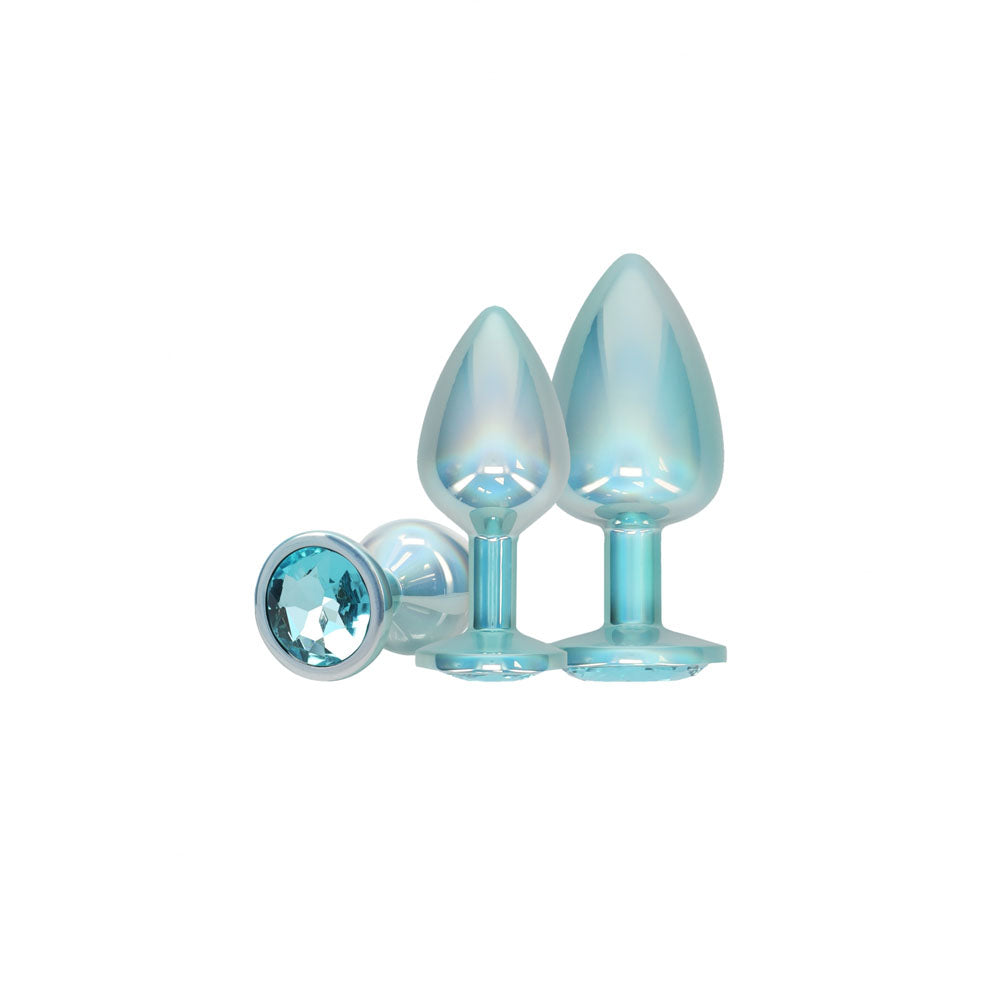 OUCH! Paris Collection - Metal Anal Plug Set - Blue - Metallic Blue Butt Plugs with Gem Bases - Set of 3 Sizes Shots Toys