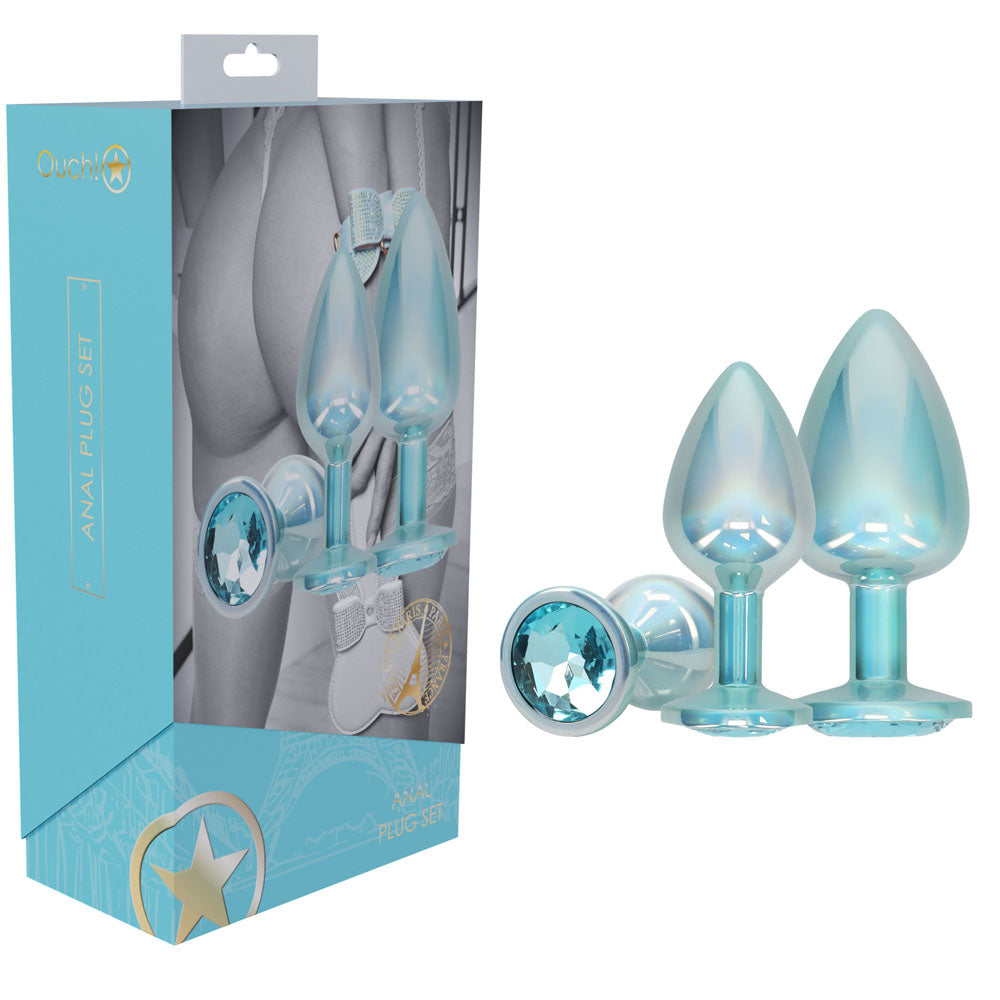 OUCH! Paris Collection - Metal Anal Plug Set - Blue - Metallic Blue Butt Plugs with Gem Bases - Set of 3 Sizes Shots Toys