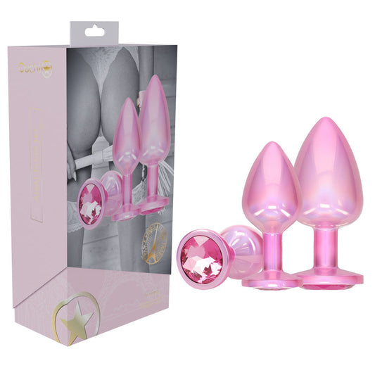 OUCH! Paris Collection - Metal Anal Plug Set - Pink - Metallic Pink Butt Plugs with Gem Bases - Set of 3 Sizes Shots Toys