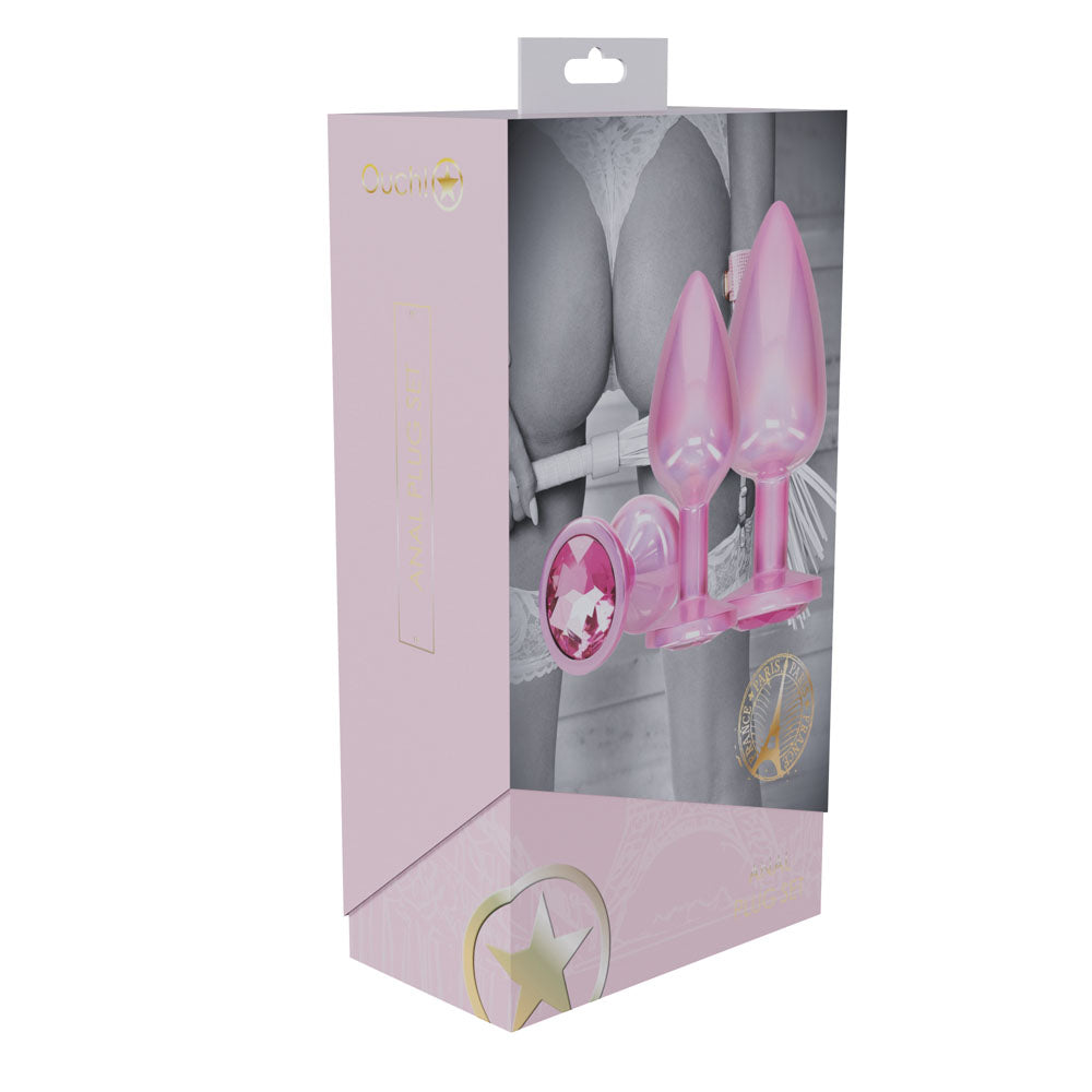 OUCH! Paris Collection - Metal Anal Plug Set - Pink - Metallic Pink Butt Plugs with Gem Bases - Set of 3 Sizes Shots Toys