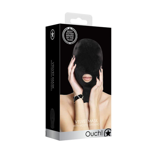 Ouch! Velvet & Velcro Mask with Mouth Opening - Black Hood Black - Club X