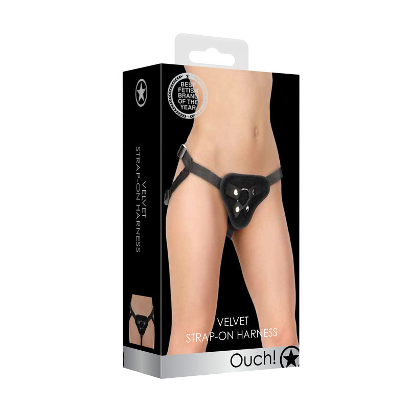 OUCH! Velvet & Velcro Adjustable Harness with O-Ring - Black Strap-On Harness (No Probe Included) Shots Toys