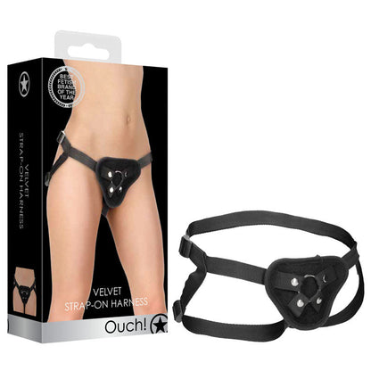 OUCH! Velvet & Velcro Adjustable Harness with O-Ring - Black Strap-On Harness (No Probe Included) Shots Toys