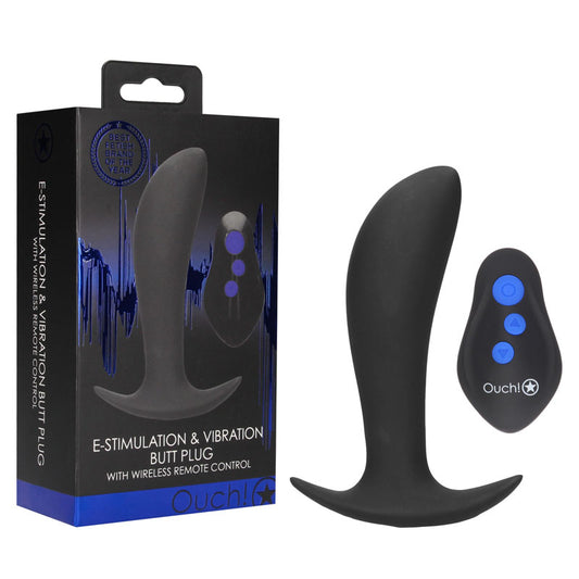 OUCH! e-Stim & Vibrating Butt Plug with Wireless Remote - Black 12.3 cm USB Rechargeable Vibrating Butt Plug with e-Stim Black - Club X
