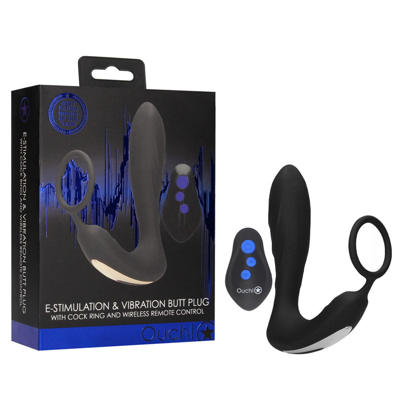 OUCH! E-stim & Vibrating Butt Plug Cock Ring - Black USB Rechargeable Vibrating Butt Plug & Cock Ring with e-Stim Shots Toys