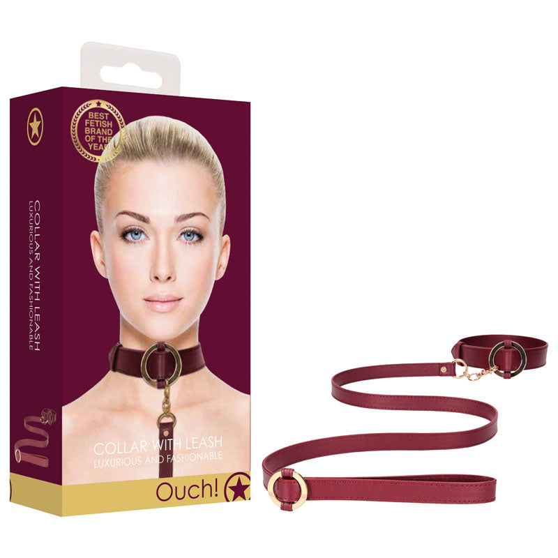 OUCH! Halo - Collar With Leash - Burgundy Restraint Shots Toys