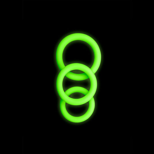 OUCH! Glow In The Dark Cock Ring Set - Glow in Dark Cock Rings - Set of 3 Sizes Green - Club X