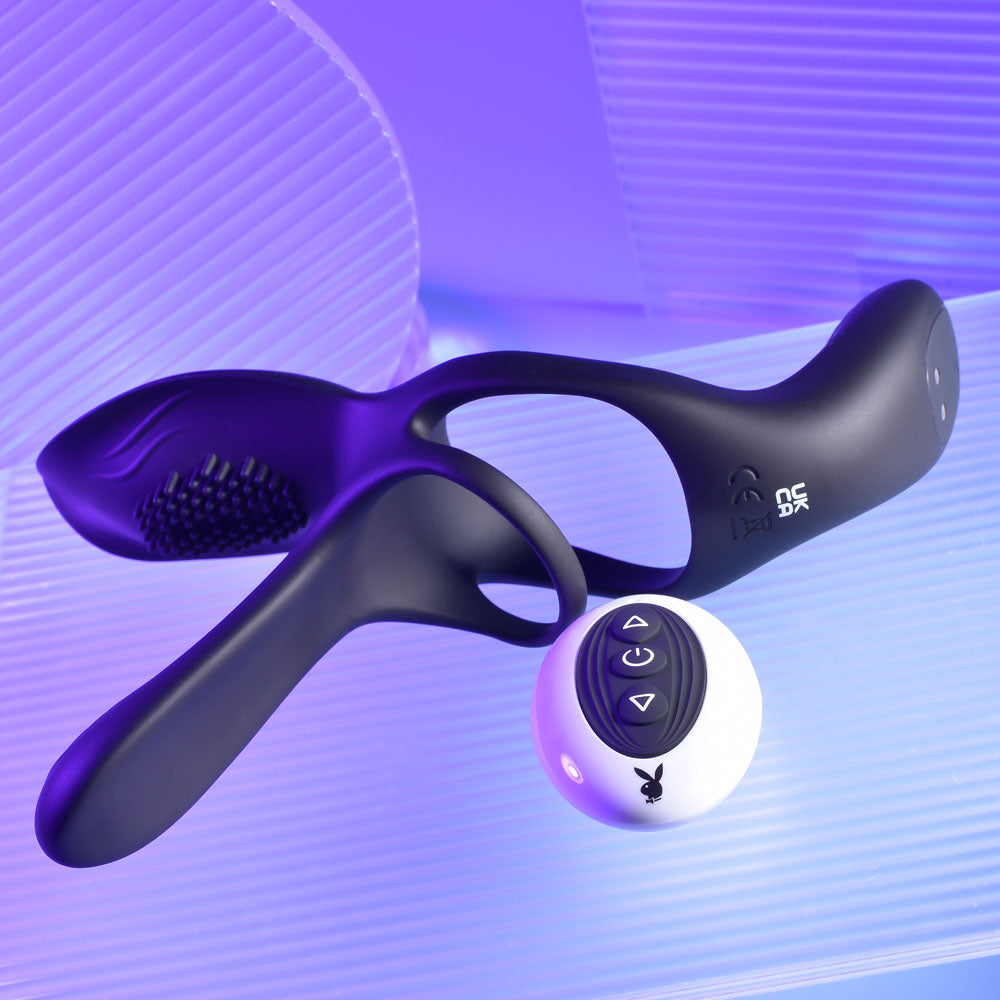 Playboy Pleasure The 3 Way - Black USB Rechargeable Vibrating Cock Ring with Wireless Remote Playboy Pleasure
