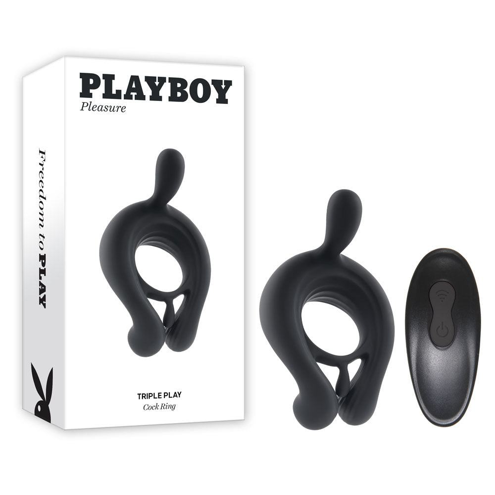 Playboy Pleasure TRIPLE PLAY - Black USB Rechargeable Cock Ring with Wireless Remote Playboy Pleasure