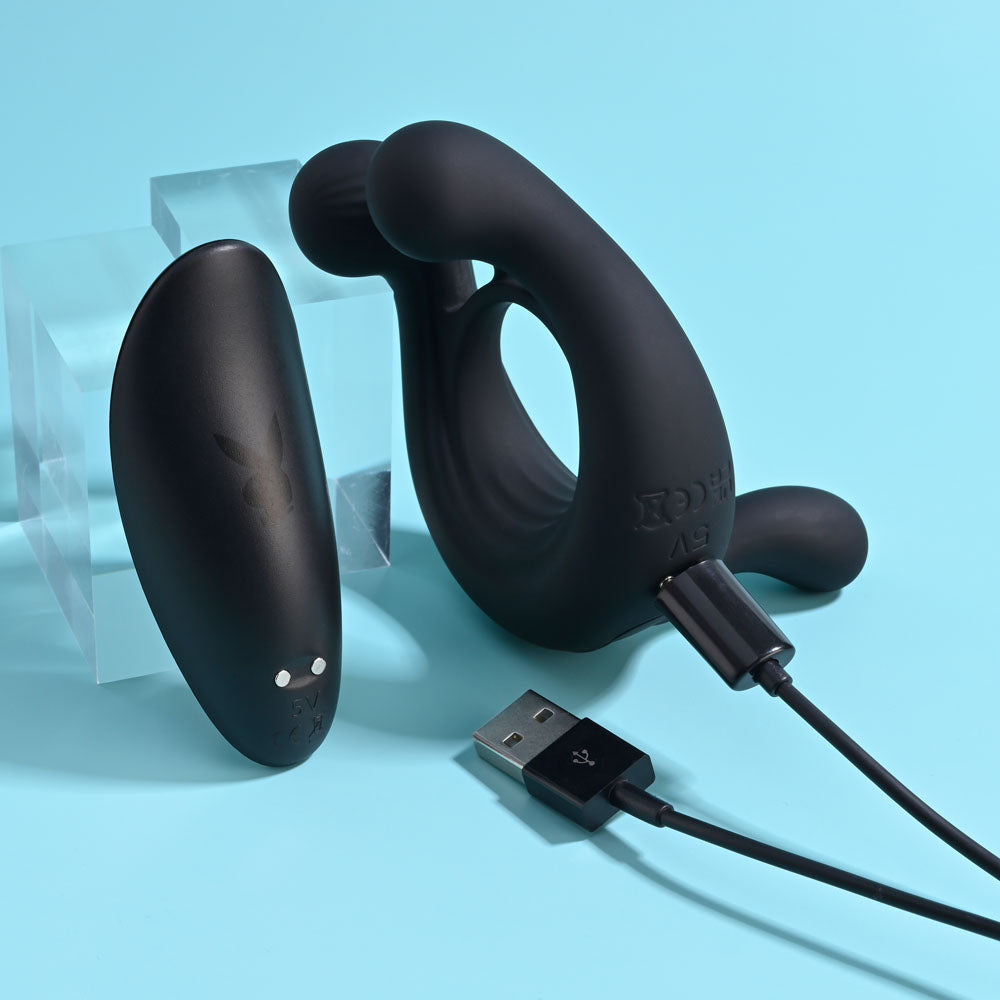Playboy Pleasure TRIPLE PLAY - Black USB Rechargeable Cock Ring with Wireless Remote Playboy Pleasure