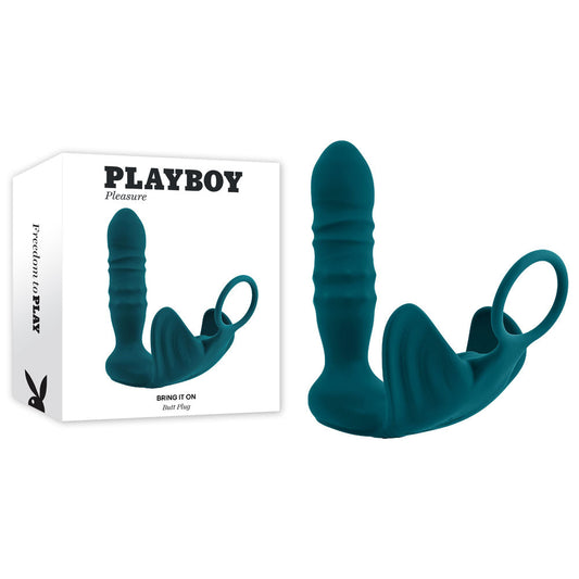 Playboy Pleasure BRING IT ON - Teal USB Rechargeable Thrusting Anal Plug with Cock Ring Playboy Pleasure