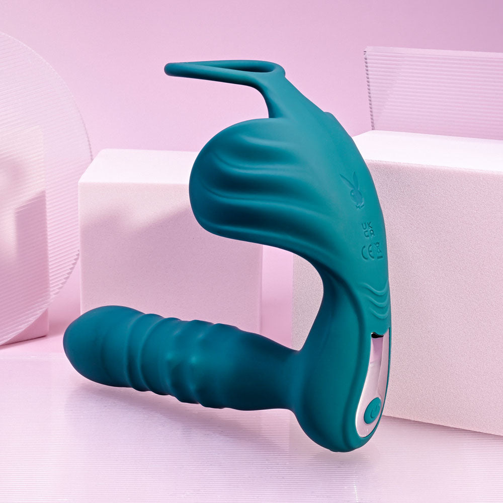 Playboy Pleasure BRING IT ON - Teal USB Rechargeable Thrusting Anal Plug with Cock Ring Playboy Pleasure