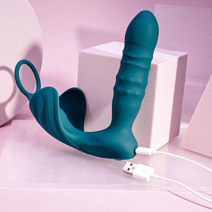 Playboy Pleasure BRING IT ON - Teal USB Rechargeable Thrusting Anal Plug with Cock Ring Playboy Pleasure