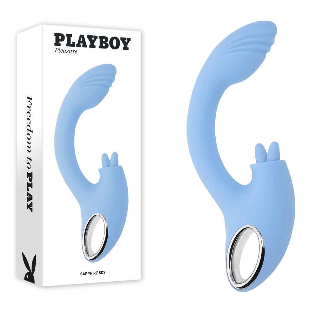 Playboy Pleasure SAPPHIRE SKY - Blue 21.6 cm USB Rechargeable Vibrator with Double Tongue Stimulator Playboy Pleasure