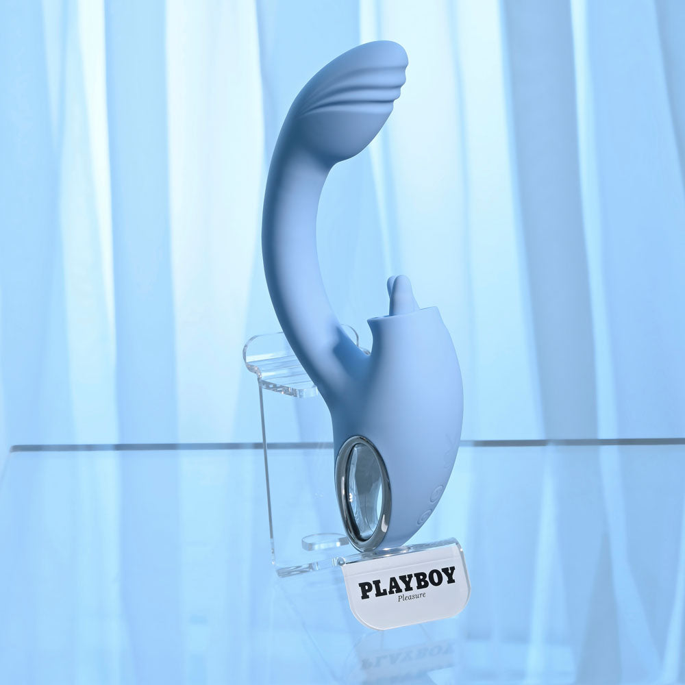 Playboy Pleasure SAPPHIRE SKY - Blue 21.6 cm USB Rechargeable Vibrator with Double Tongue Stimulator Playboy Pleasure