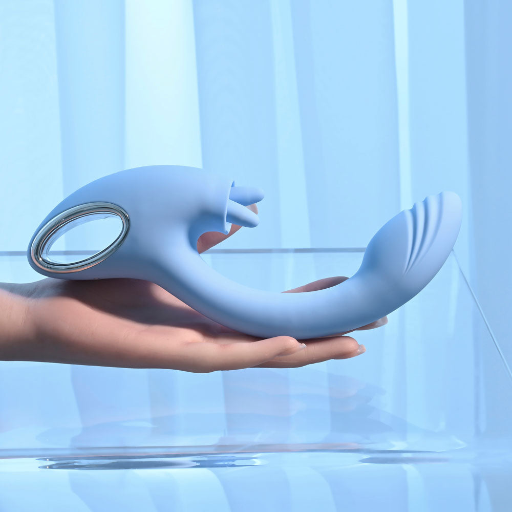 Playboy Pleasure SAPPHIRE SKY - Blue 21.6 cm USB Rechargeable Vibrator with Double Tongue Stimulator Playboy Pleasure