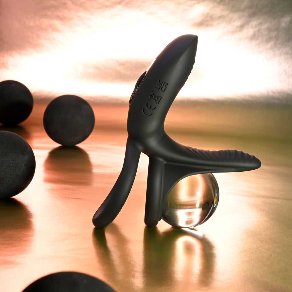 Playboy Pleasure JUST RIGHT - Black USB Rechargeable Vibrating Cock & Balls Rings Playboy Pleasure