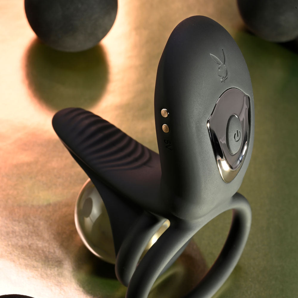 Playboy Pleasure JUST RIGHT - Black USB Rechargeable Vibrating Cock & Balls Rings Playboy Pleasure