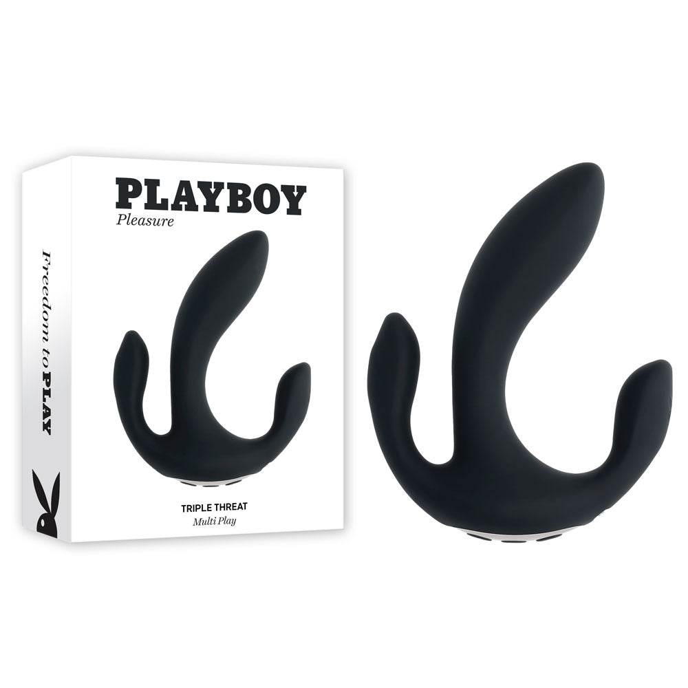 Playboy Pleasure TRIPLE THREAT - Black USB Rechargeable Triple Probe Vibrator Playboy Pleasure