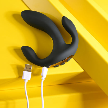 Playboy Pleasure TRIPLE THREAT - Black USB Rechargeable Triple Probe Vibrator Playboy Pleasure