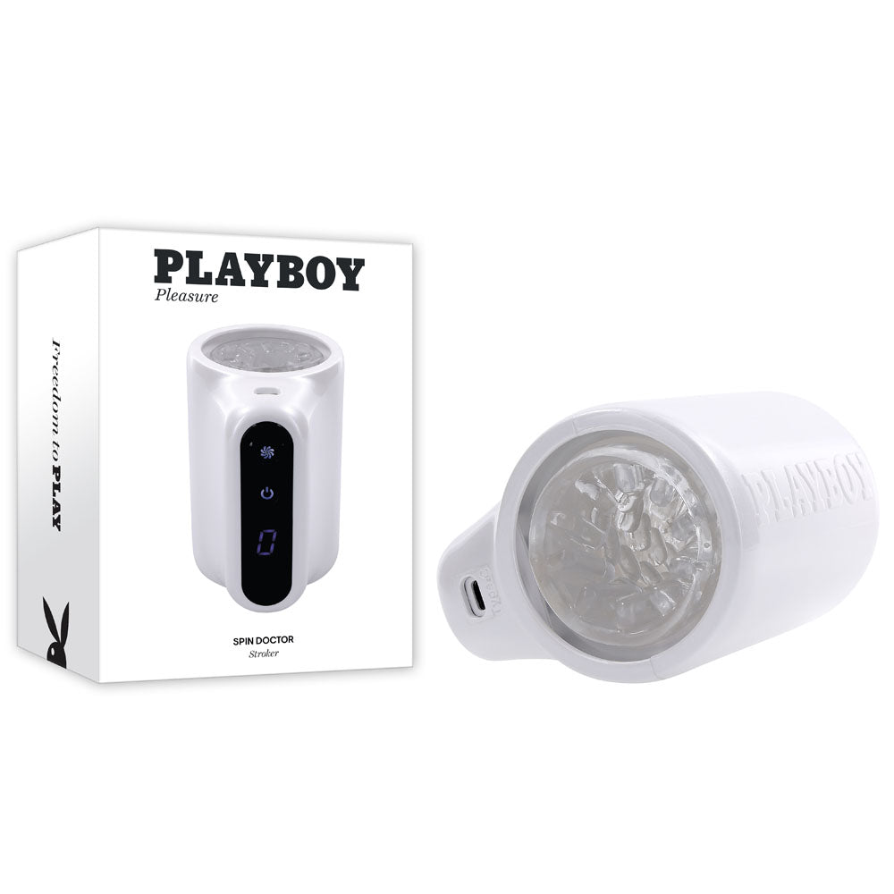 Playboy Pleasure SPIN DOCTOR - White USB Rechargeable Vibrating & Spinning Stroker Club X
